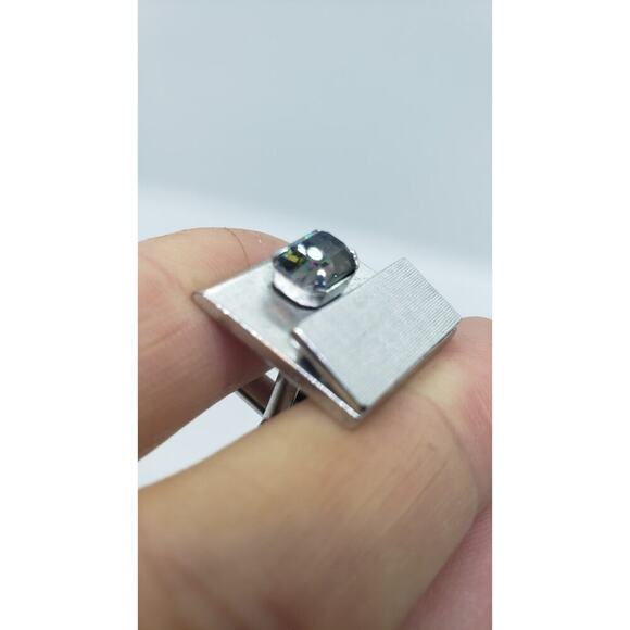 Vintage Cufflinks Swank Silver Rivoli Rainbow Rhinestone Cuff Links 1960s - Picture 7 of 9